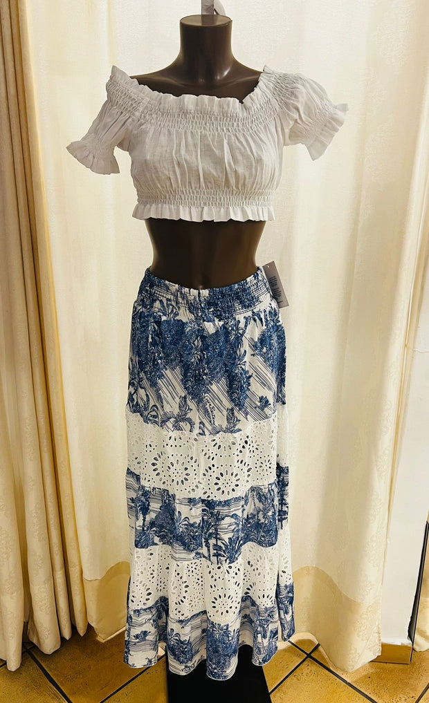 Clara blue skirt and top fiocco white