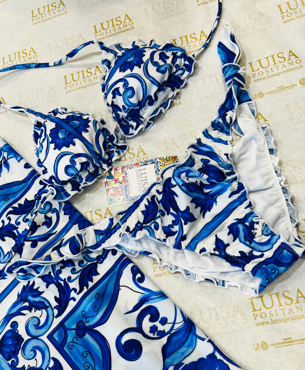 Bikini Positano blue  and mini pareo lycra set