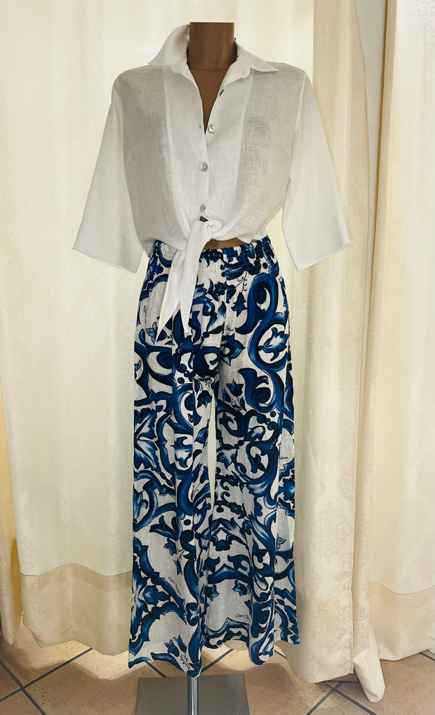 White Tania shirt and blue dolce pants