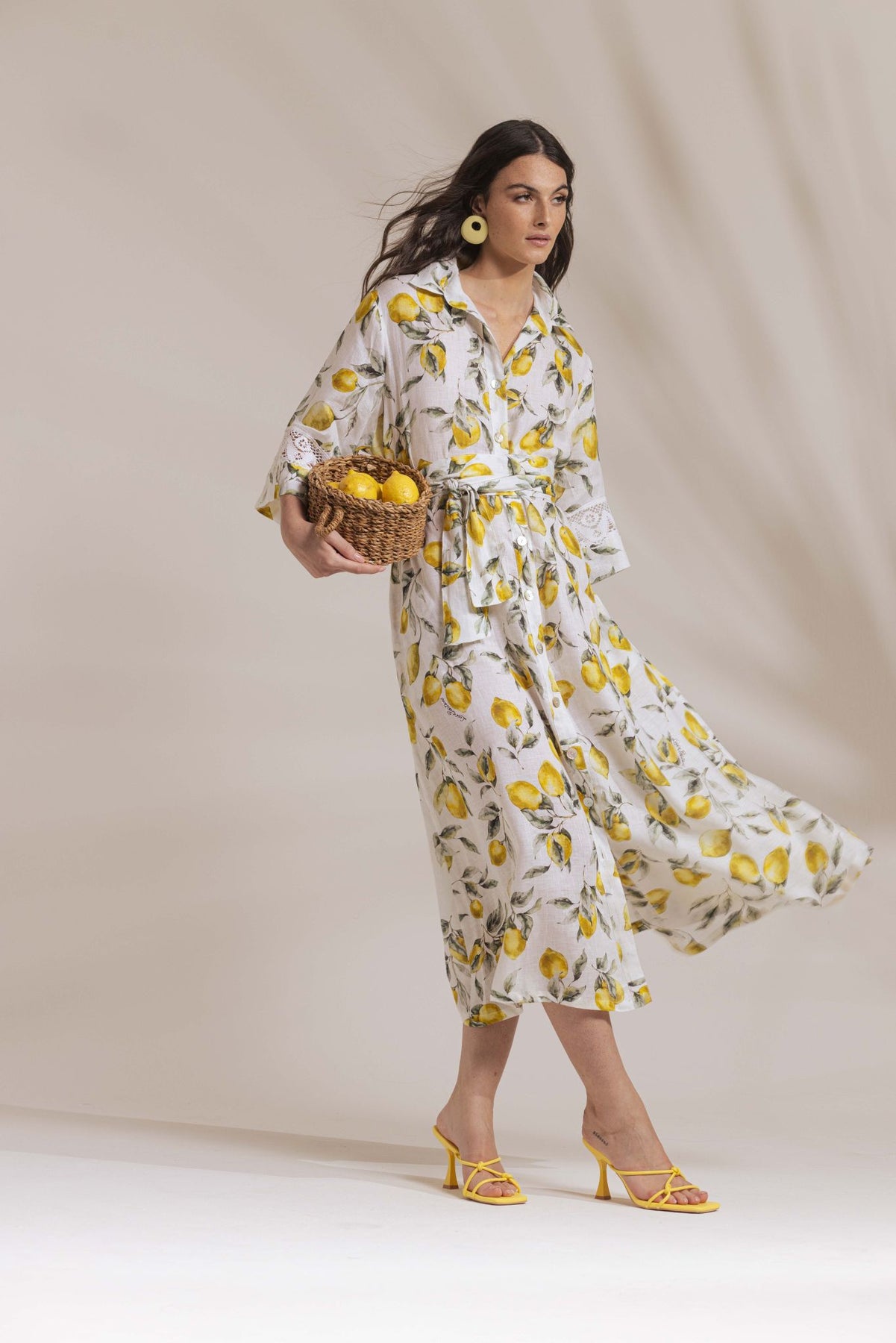 Yellow Lemon Print Shirt Dress Linen Lemon Print Belted Shirt Dress