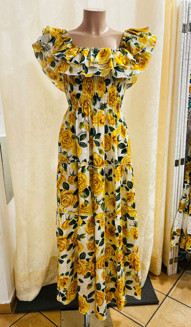 Yellow roses double volant dress