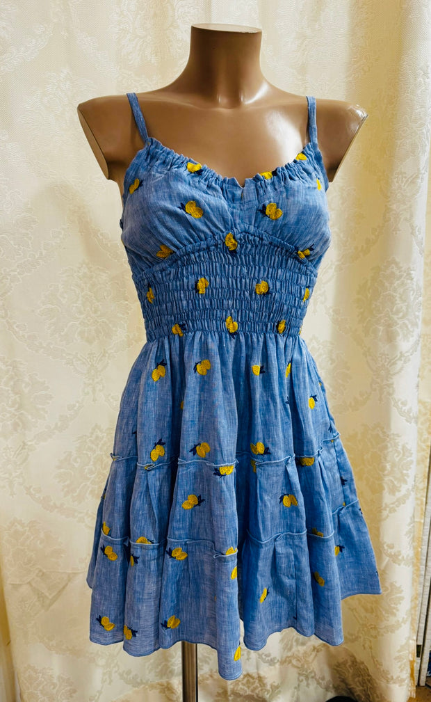 Ornella short dress blue jeans embroidered lemons