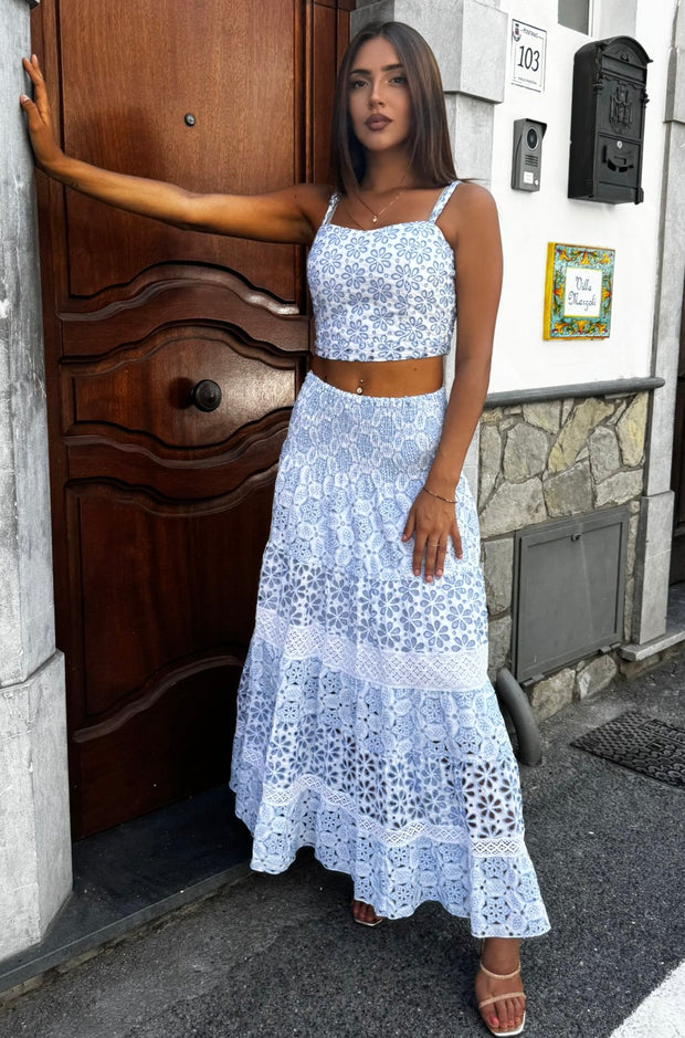 Blue lace set top Luana and skirt hedy lace embroidered