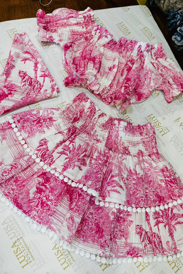 Set pink toile mini skirt + top +bandanas