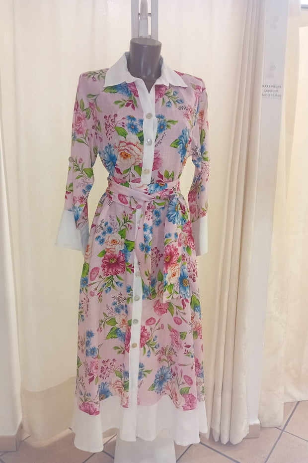 Asal pink flowers maxi dress linen